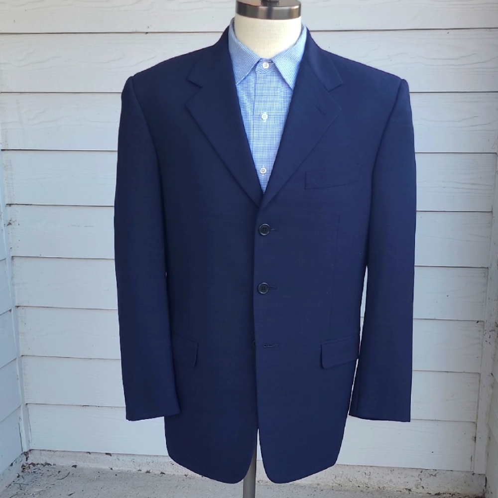 SARTORI Italy Dark Blue‎ Black Weave Super Twist Wool Sz 40 R Mens Sport Coat